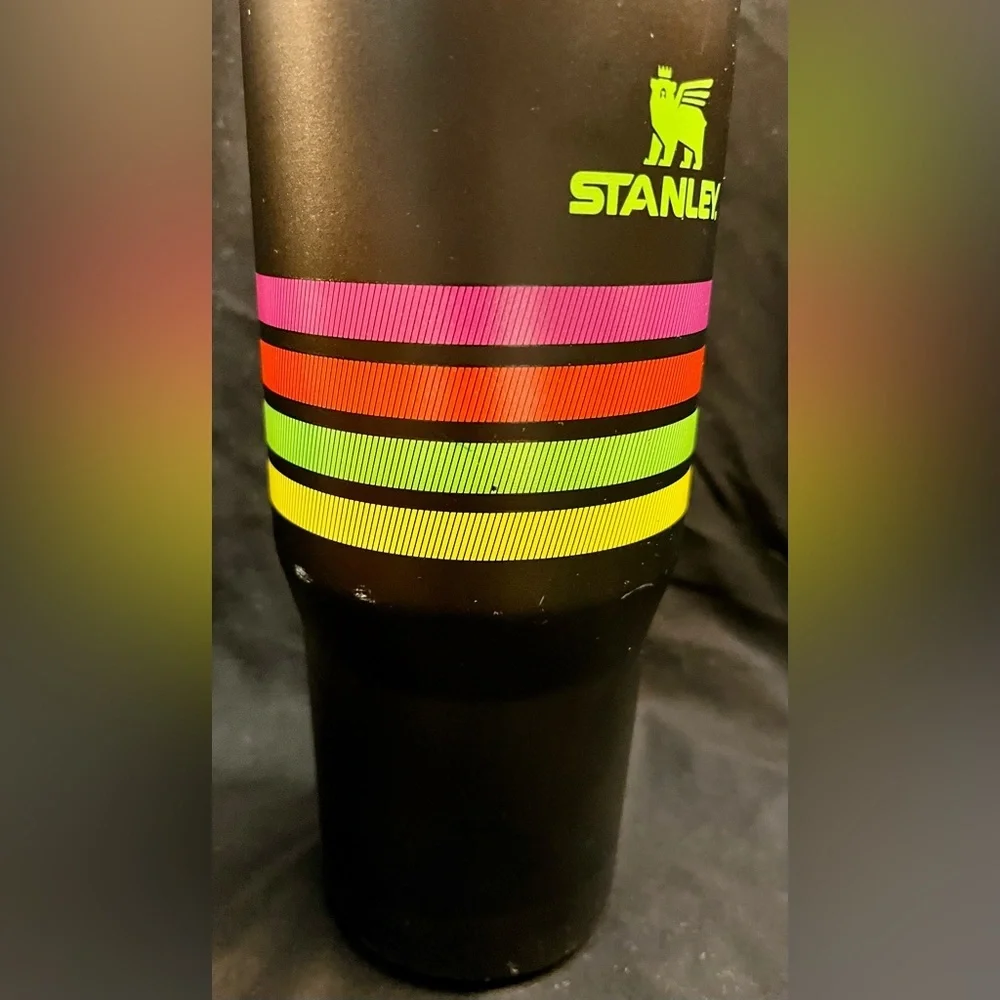 Stanley 30 Ounce Distressed Black Travel Mug with Rainbow of Neon Stripes Trendy - Picture 4 of 12